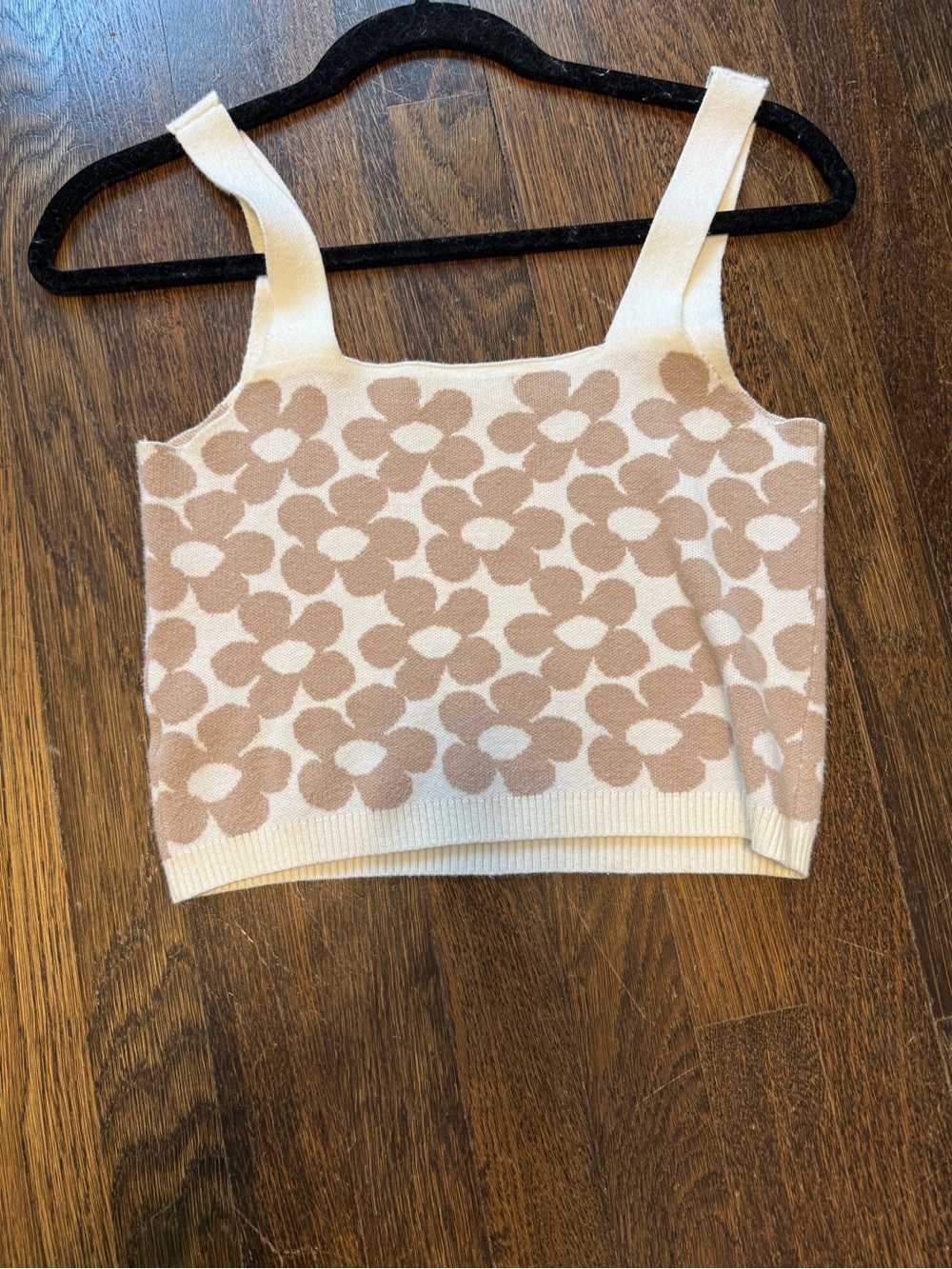 Floral Knit Crop Tank Top - Cream & Beige
